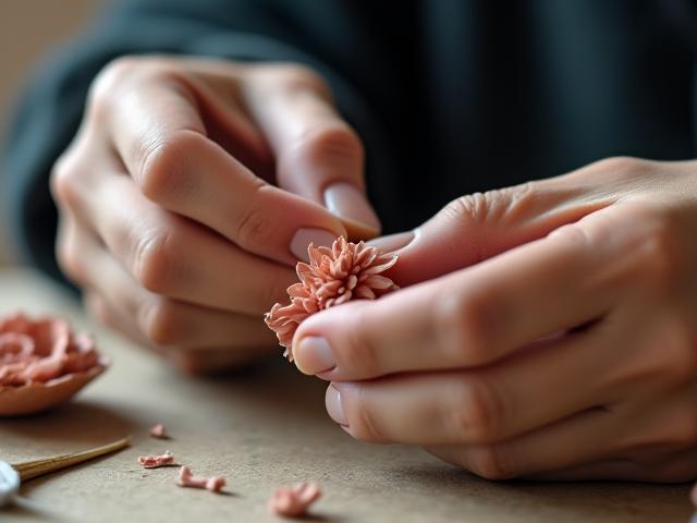 集中して粘土の細密な花びらを作り出す職人の手元。精密な工具が使われている.