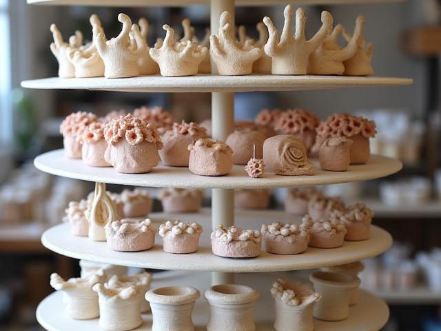 乾燥中の粘土細工の棚。色とりどりの花や葉が並べられている.