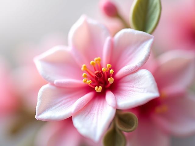 完成したばかりの粘土製の桜の花のクローズアップ。見事な色彩と細部.