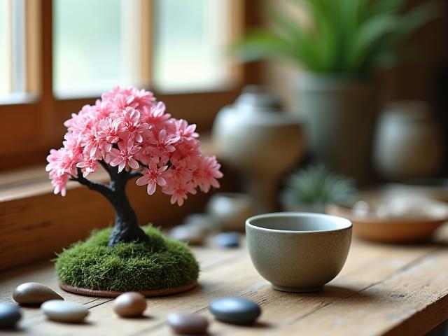 日本の庭園を思わせる小石と苔、そして粘土の桜盆栽が置かれたインスピレーションコーナー。和の雰囲気.