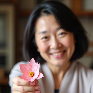 桜工房の主任職人、田中悠子。笑顔で粘土細工の作品を持つ.