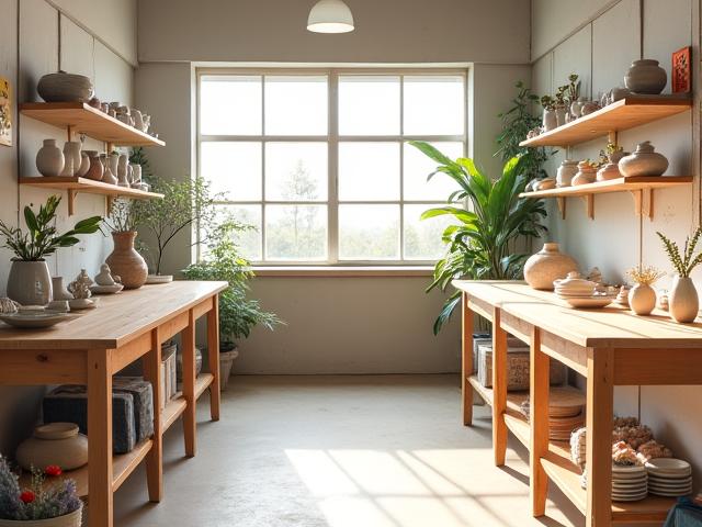 明るい自然光が差し込む桜工房の作業場。ろくろ、工具、そして粘土の花が並ぶ棚が見える.
