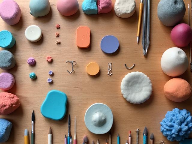 様々な種類の粘土、ヘラ、筆などの粘土工芸用工具が整然と並べられた作業台.