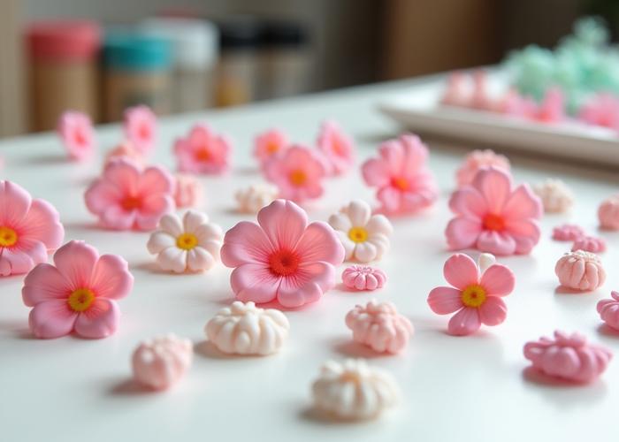 粘土製の桜の花が並べられた卸売商品