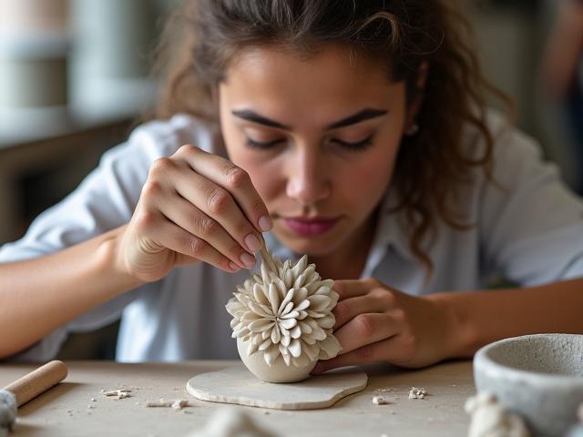 集中して粘土工芸に取り組む生徒