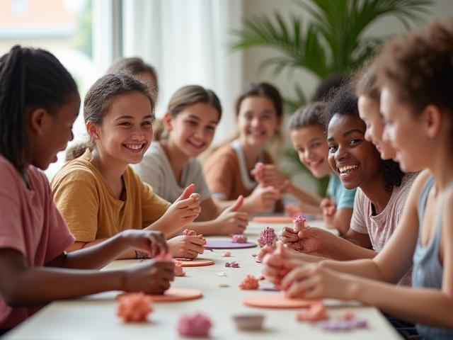 粘土工芸を体験する笑顔の生徒たち